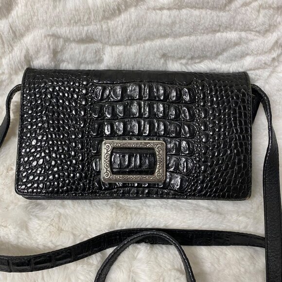 Brighton Vtg Clutch Embossed Organizer/Clutch Black Leather Cross Body Bag - Picture 4 of 11